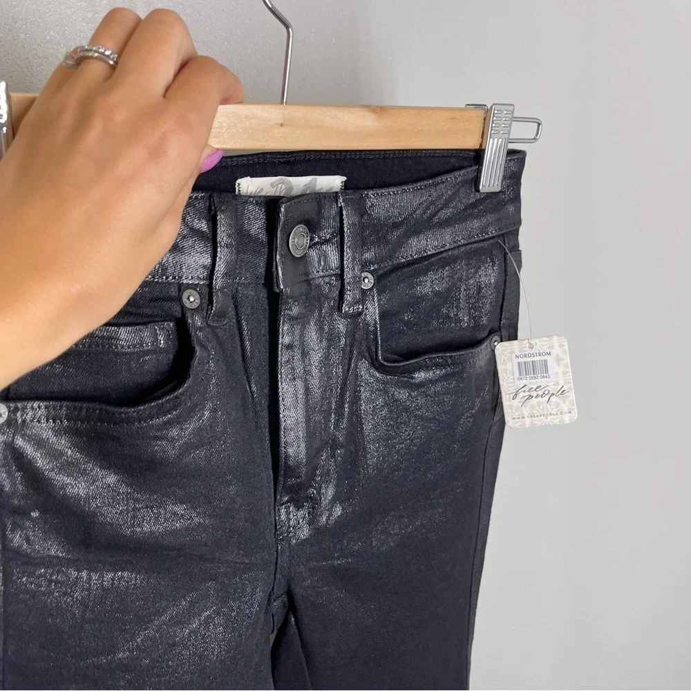 Free People Coated High Waist Jeans Black Raw Frayed Hem Size 24 Women’s NWT